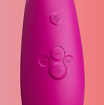 GIF shows a close-up on the buttons on the Womanizer Enhance. There are four separate buttons that control the air suction and vibration functionality separately. | Kinkly Shop