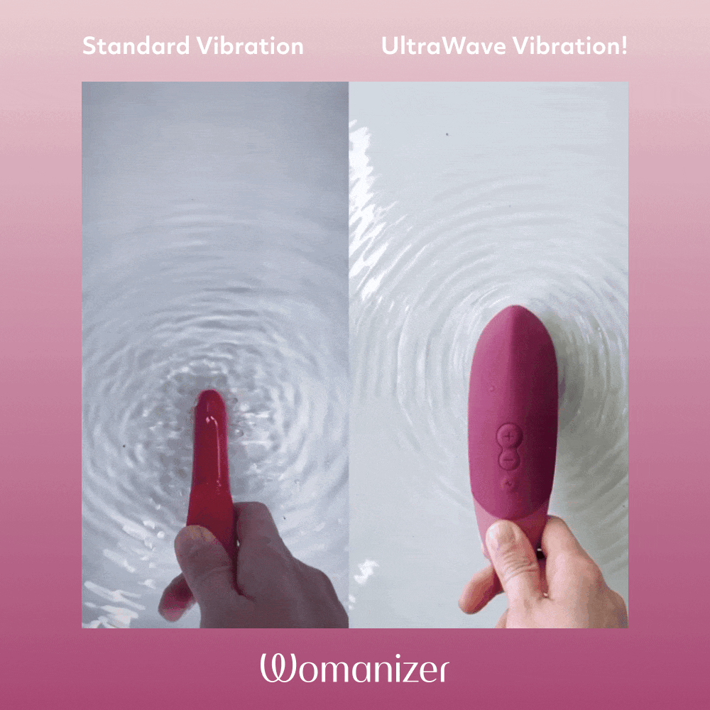 GIF showcases a traditional vibrator and the Womanizer Vibe being held in the water. The water patterns on the Womanizer Vibe are much smoother than the chaos of the vibrator on the other side. | Kinkly Shop