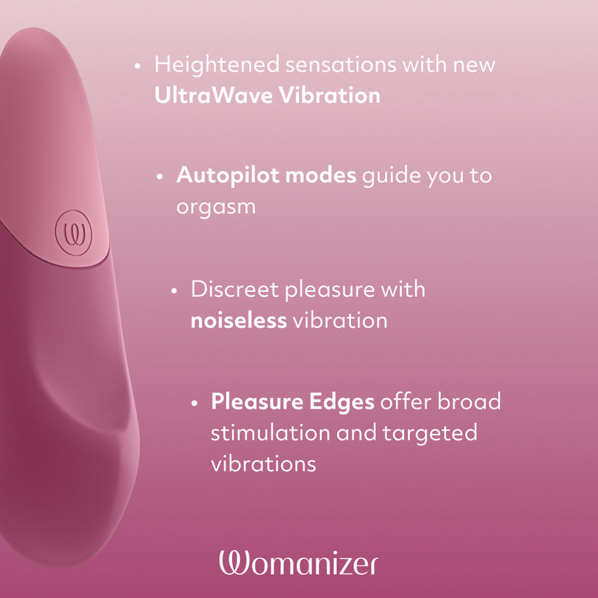 Photo of the Womanizer Vibe shown next to a text list of the features. Features read: "Heightened sensations with new UltraWave Vibration, Autopilot modes guide you to orgasm, Discreet pleasure with noiseless vibration, Pleasure edges offer broad stimulation and targeted vibrations." | Kinkly Shop