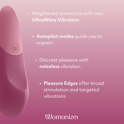 Photo of the Womanizer Vibe shown next to a text list of the features. Features read: "Heightened sensations with new UltraWave Vibration, Autopilot modes guide you to orgasm, Discreet pleasure with noiseless vibration, Pleasure edges offer broad stimulation and targeted vibrations." | Kinkly Shop