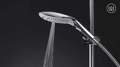 GIF showcases the Womanizer Wave showerhead cascading water out in the Pleasure Jet function. The spray looks very strong and high-pressured with a targeted, dedicated stream that would hit a small area. | Kinkly Shop