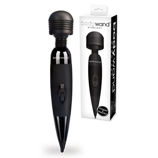 The Bodywand Midnight displayed next to what its packaging looks like. | Kinkly Shop