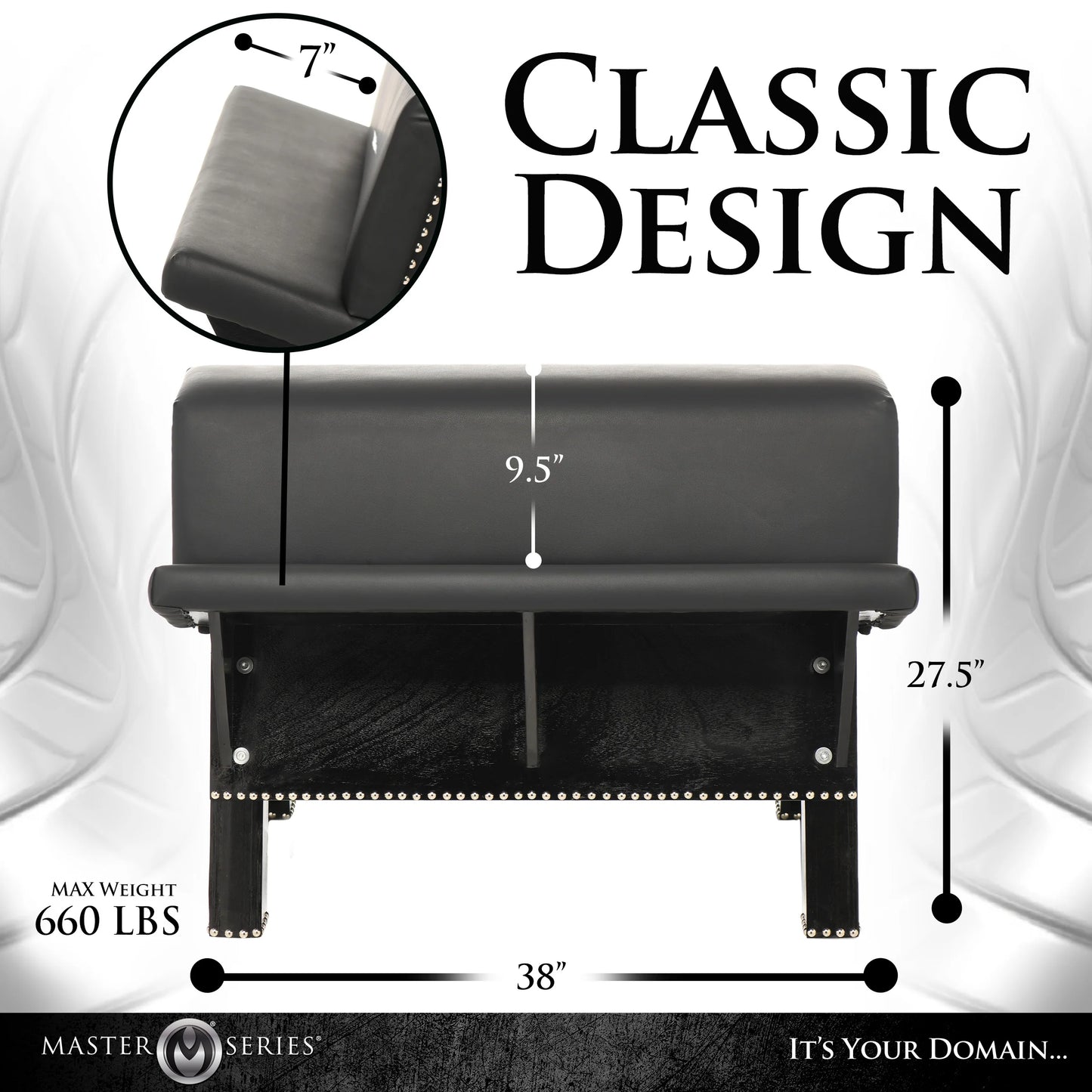 Side view of the Master Series Bareback Submission Horse with measurements superimposed over the image. All measurements are included within the product text. | Kinkly Shop