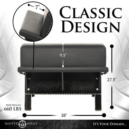 Side view of the Master Series Bareback Submission Horse with measurements superimposed over the image. All measurements are included within the product text. | Kinkly Shop