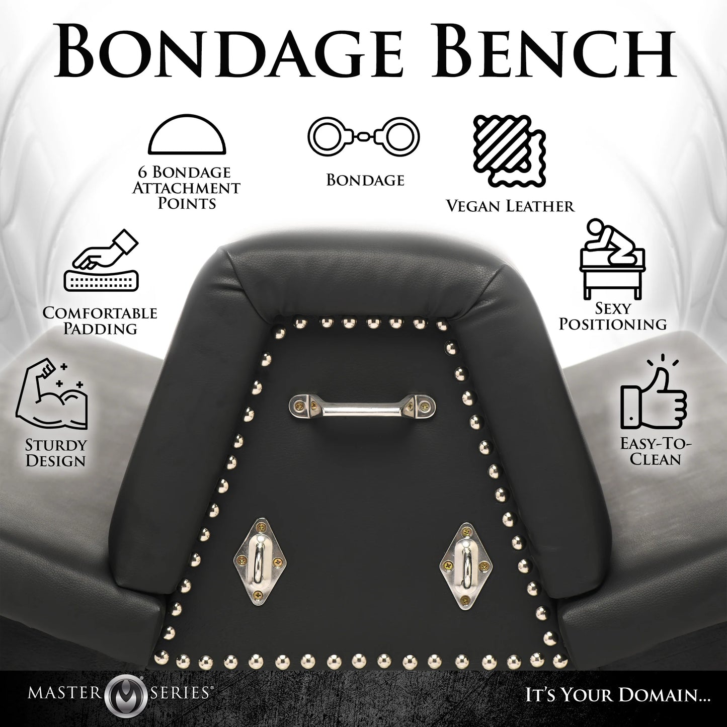 Close-up of the triangular end of the Master Series Bareback Submission Horse with features surrounding it. Text includes: Sturdy design, Comfortable padding, 6 bondage attachment points, Bondage, Vegan leather, Sexy positioning, Easy-to-clean." | Kinkly Shop