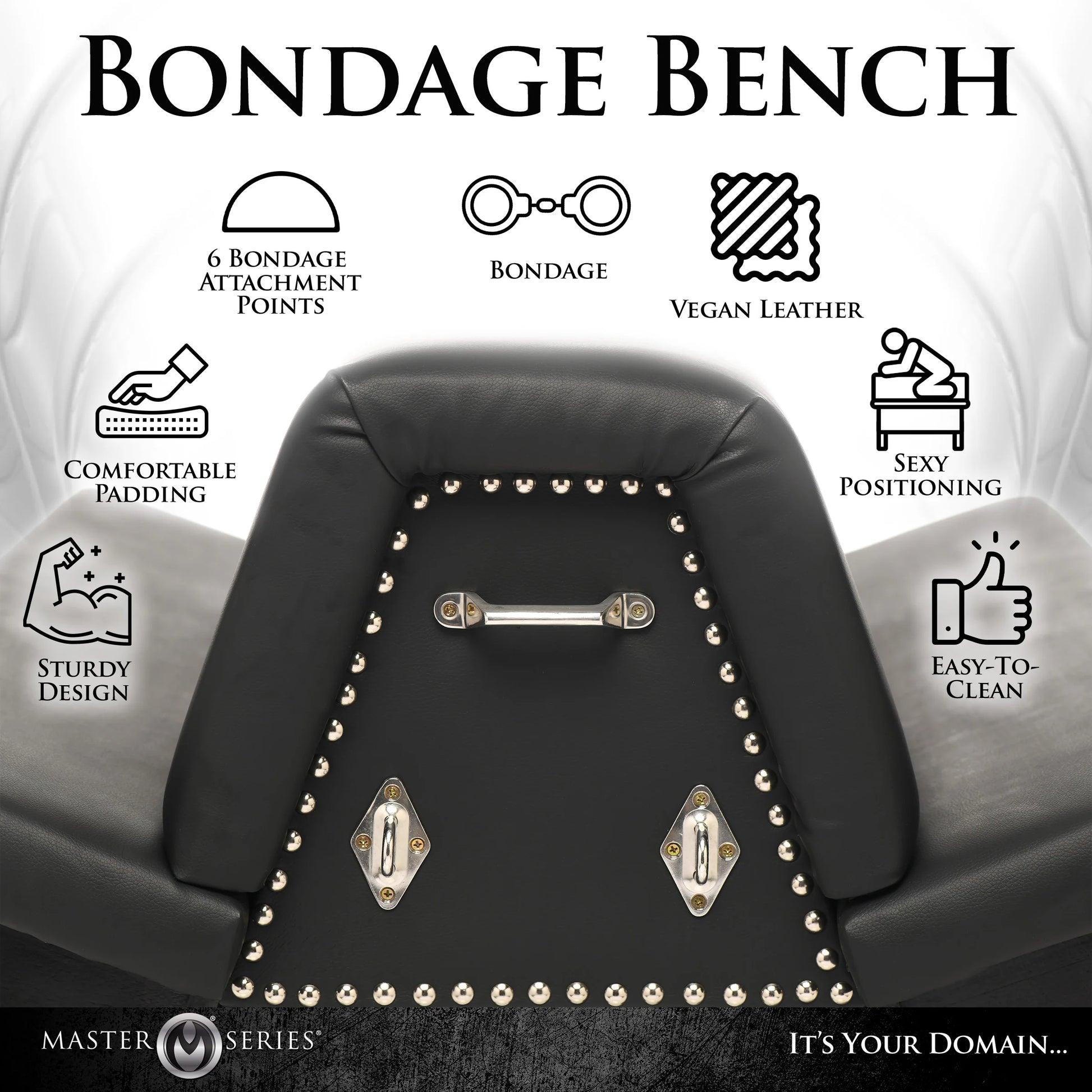 Close-up of the triangular end of the Master Series Bareback Submission Horse with features surrounding it. Text includes: Sturdy design, Comfortable padding, 6 bondage attachment points, Bondage, Vegan leather, Sexy positioning, Easy-to-clean." | Kinkly Shop