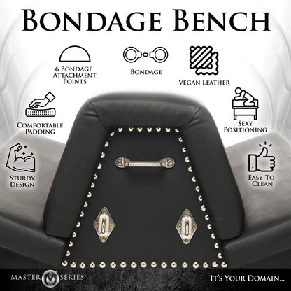 Close-up of the triangular end of the Master Series Bareback Submission Horse with features surrounding it. Text includes: Sturdy design, Comfortable padding, 6 bondage attachment points, Bondage, Vegan leather, Sexy positioning, Easy-to-clean." | Kinkly Shop