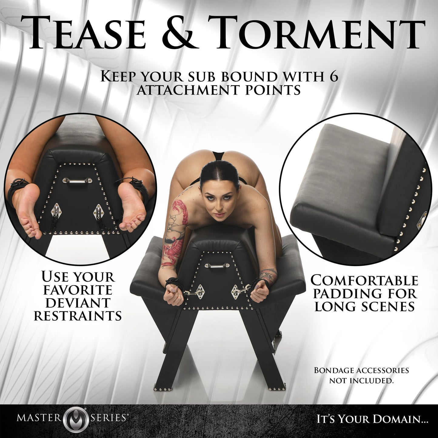 A collage of images that showcase the features of the Master Series Bareback Submission Horse. Text reads: "Keep your sub bound with 6 attachment points. Use your favorite deviant restraints. Comfortable padding for long scenes. Bondage accessories not included." | Kinkly Shop