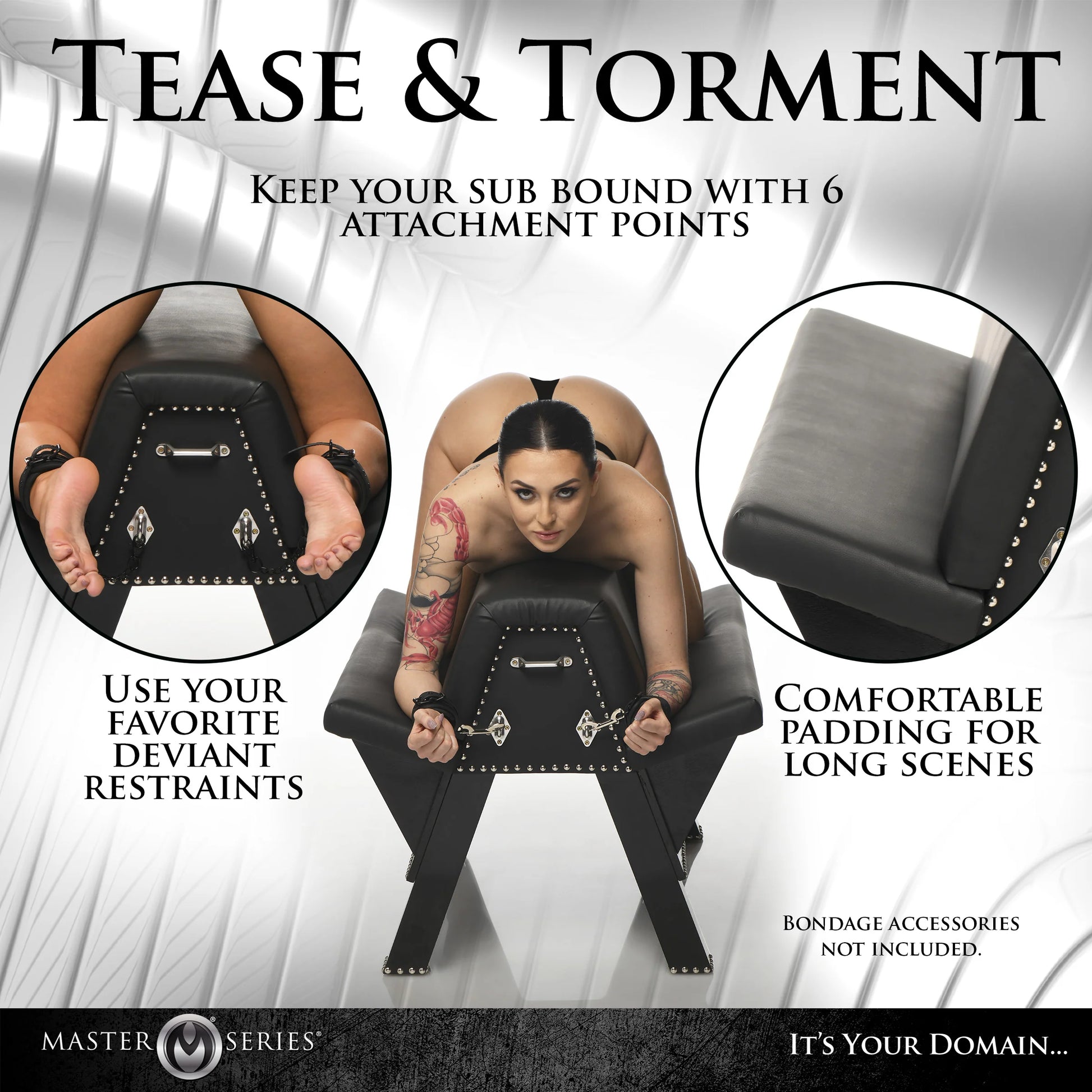 A collage of images that showcase the features of the Master Series Bareback Submission Horse. Text reads: "Keep your sub bound with 6 attachment points. Use your favorite deviant restraints. Comfortable padding for long scenes. Bondage accessories not included." | Kinkly Shop