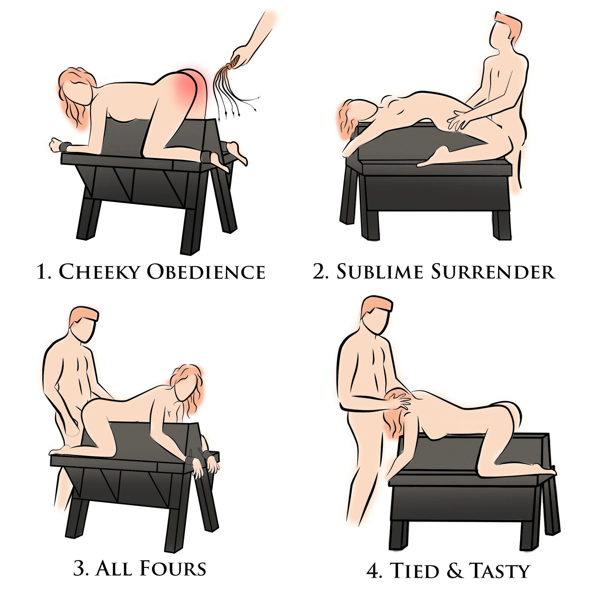 Illustrations of 4  sex positions that can be done with the Master Series Bareback Submission Horse including the Cheeky Obedience, Sublime Surrender, All Fours, Tied & Tasty. | Kinkly Shop