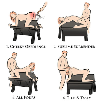 Illustrations of 4  sex positions that can be done with the Master Series Bareback Submission Horse including the Cheeky Obedience, Sublime Surrender, All Fours, Tied & Tasty. | Kinkly Shop