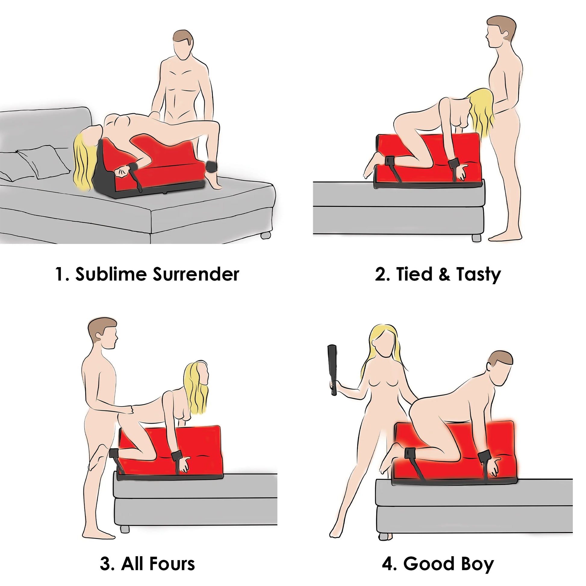 Illustrations show various sex positions that could be used with the Bedroom Bliss Love Bench including the Sublime Surrender, Tied & Tasty, All Fours, and Good Boy. | Kinkly Shop