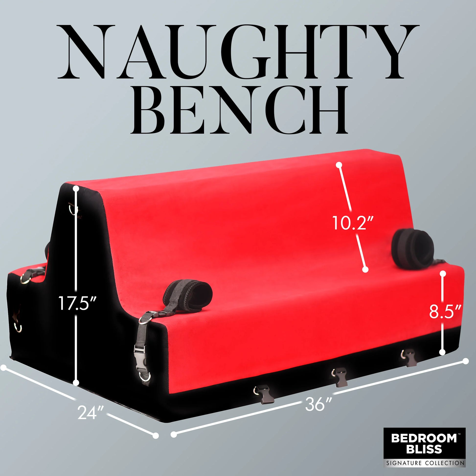 Bedroom Bliss Love Bench with measurements superimposed over all sides of the furniture. All measurements are included within the text of the product description. | Kinkly Shop