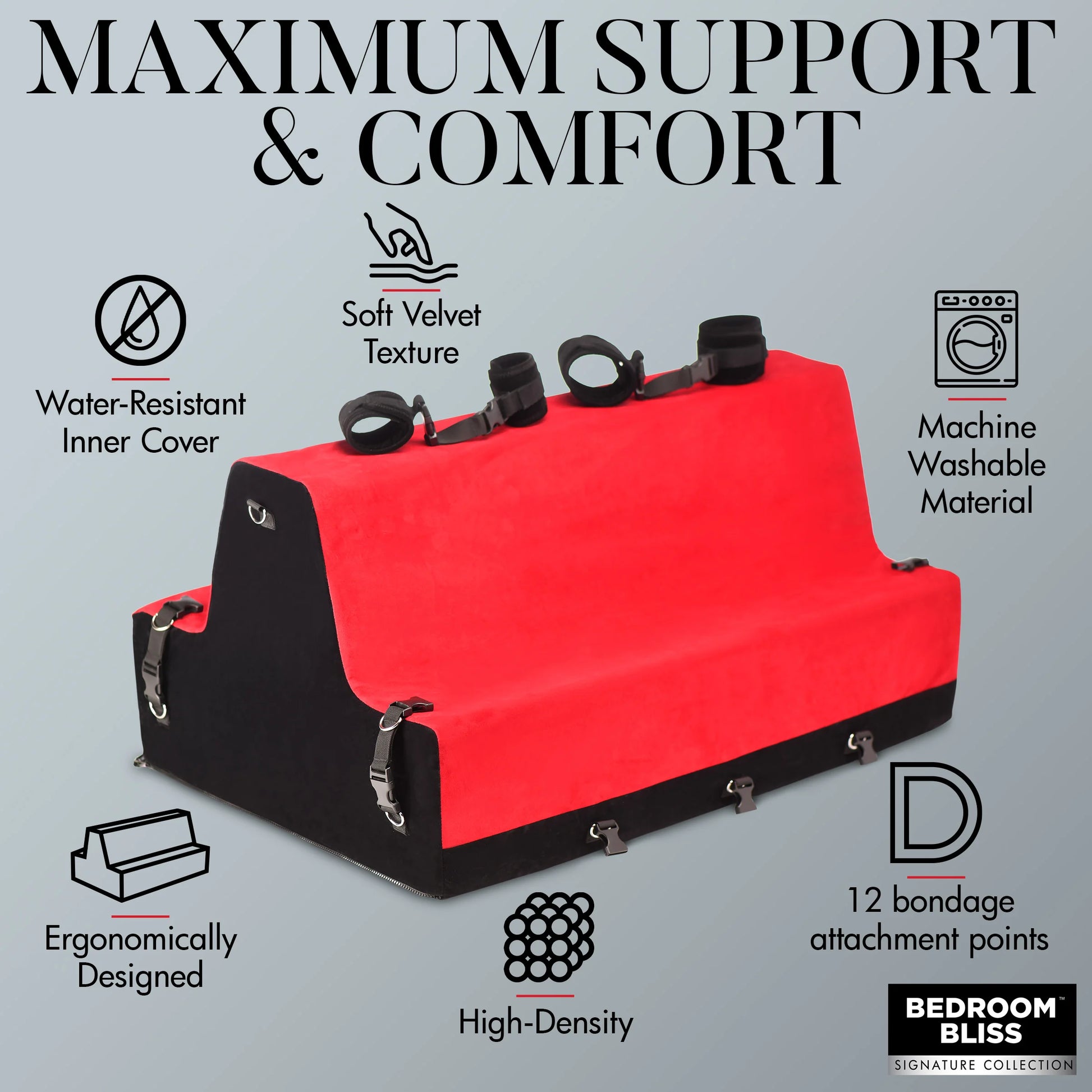 The Bedroom Bliss Love Bench with a list of features surrounding the furniture. The text reads: "Water-resistant inner cover. Soft velvet texture. Ergonomically designed. High-density. Machine washable material. 12 bondage attachment points." | Kinkly Shop