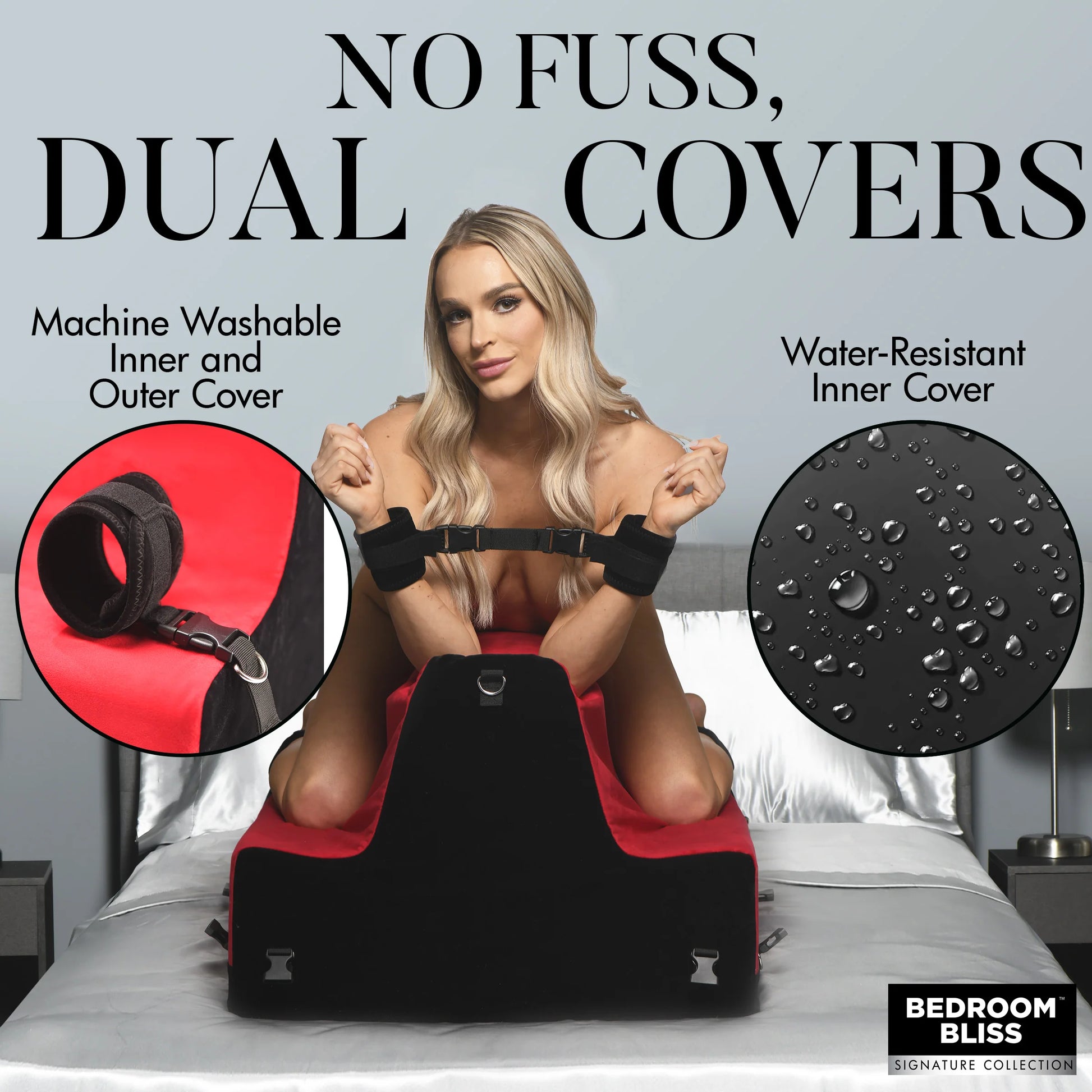 A person is kneeling on top of the Bedroom Bliss Love Bench with a collage of text features around it. Text reads: "No fuss, Dual Covers. Machine washable inner and outer cover. Water-resistant inner cover." | Kinkly Shop