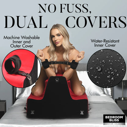 A person is kneeling on top of the Bedroom Bliss Love Bench with a collage of text features around it. Text reads: "No fuss, Dual Covers. Machine washable inner and outer cover. Water-resistant inner cover." | Kinkly Shop