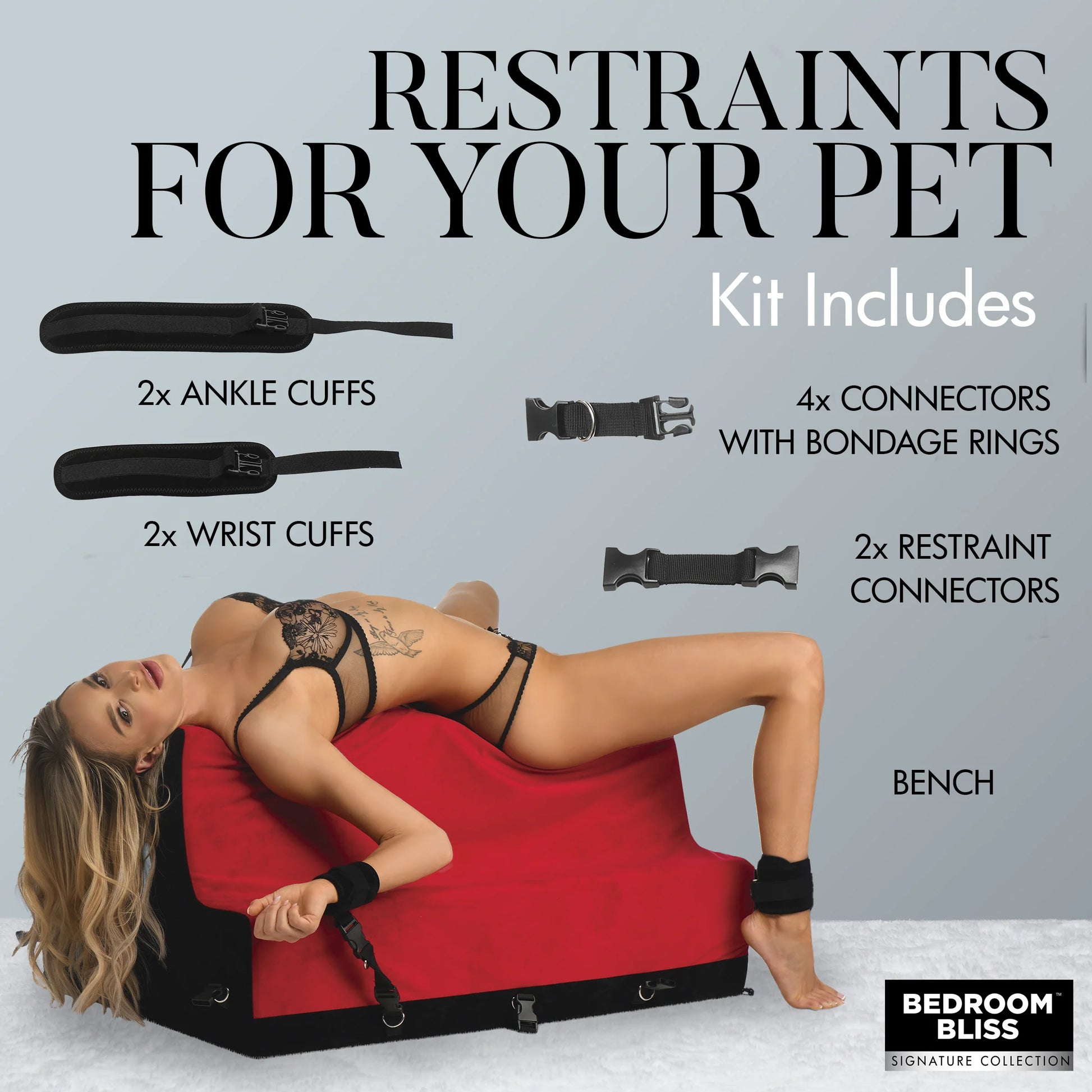 Everything included in the Bedroom Bliss Love Bench set. It includes 2 ankle cuffs, 2 wrist cuffs, 4 connectors with bondage ring, 2 restraint connectors, and the bench itself. | Kinkly Shop