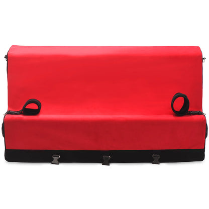 The Bedroom Bliss Love Bench with a wrist and ankle cuffs shown attached to the furniture. | Kinkly Shop