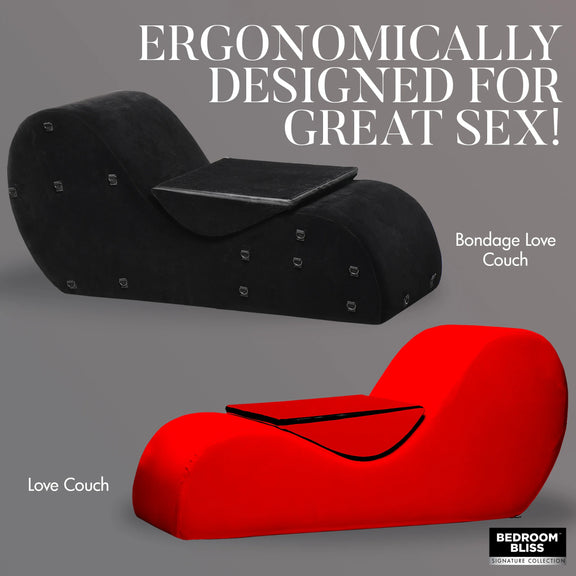 The red and black versions of the Bondage-Optional Love Couch shown next to one another. The red version does not have any bondage while the black version does. Text on the image reads: "Ergonomically designed for great sex!" | Kinkly Shop
