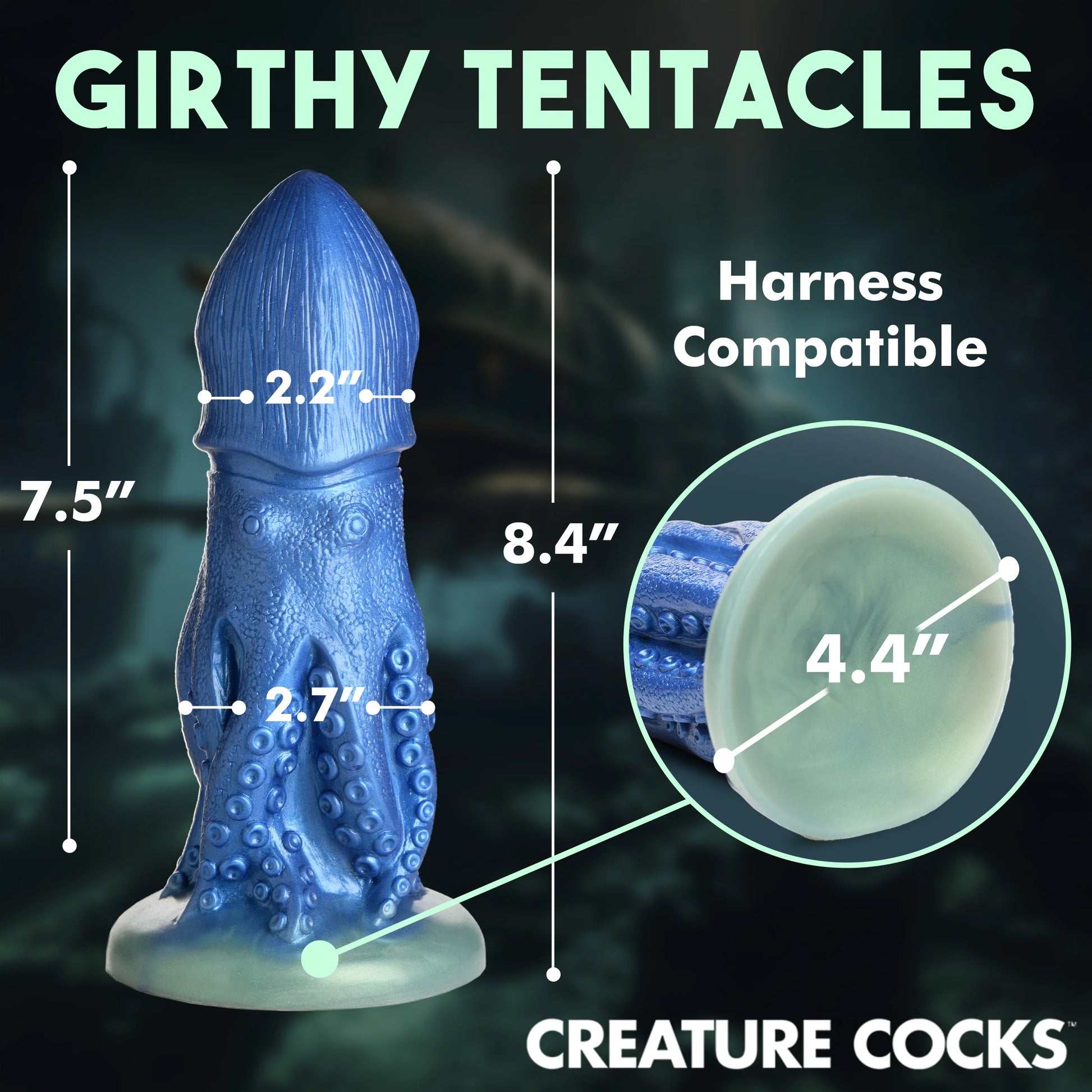 The Creature Cocks Cocktopus with measurements superimposed over the dildo's image. All measurements are within the text of the product description. | Kinkly Shop