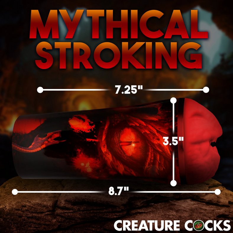 The Creature Cocks Dragon Snatch laying on its side with measurements superimposed over it. All measurements can be found within the product description text. | Kinkly Shop