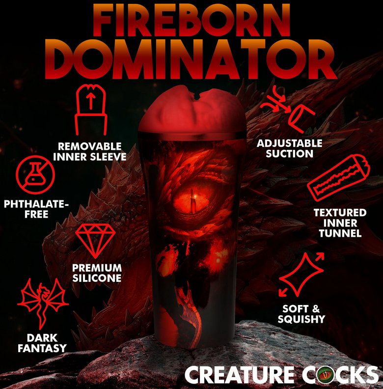 The Creature Cocks Dragon Snatch sitting upright with the features of the stroker (and their applicable icons) shown around it. Text reads: "Fireborn dominator. Removable inner sleeve. Phthalate-free. Premium silicone. Dark fantasy. Adjustable suction. Textured inner tunnel. Soft and Squishy." | Kinkly Shop