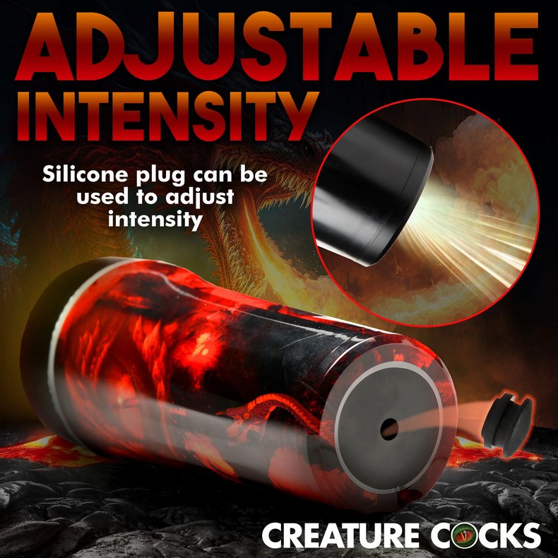 Close-up of the base of the Creature Cocks Dragon Snatch with the silicone plug show being removed from the hole at the base of the Creature Cocks Dragon Snatch. Text on the image reads: "Adjustable intensity. Silicone plug can be used to adjust intensity." | Kinkly Shop
