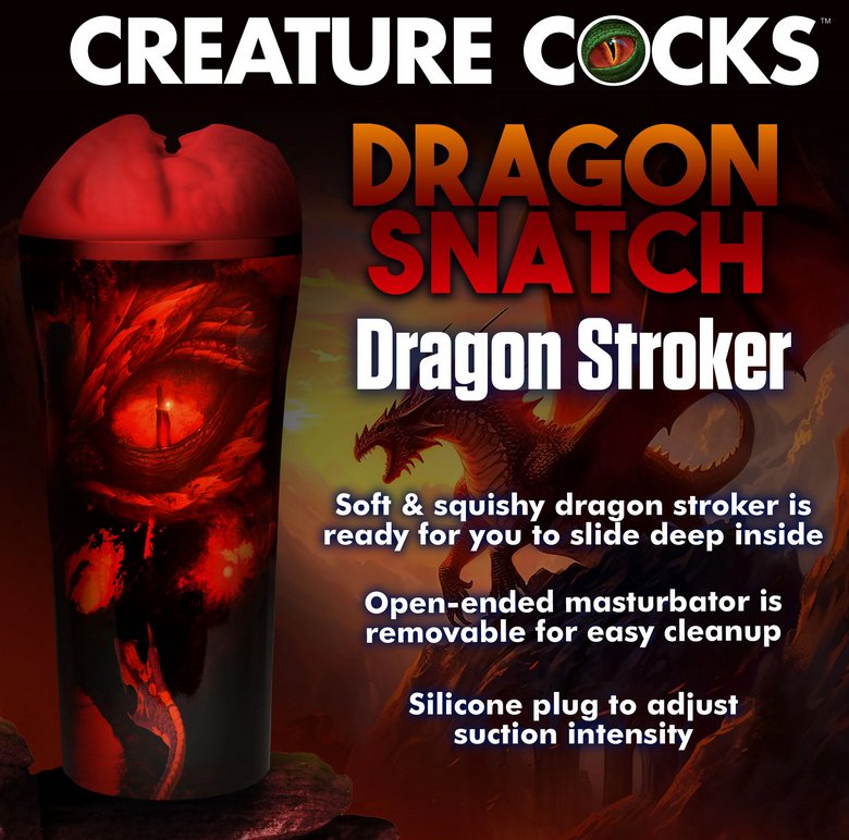The Creature Cocks Dragon Snatch stroker sits upright with majestic dragon artwork in the background. Text on the image reads: "Creature Cocks Dragon Snatch Dragon Stroker. Soft and squishy dragon stroker is ready for you to slide deep inside. Open-ended asturbator is removable for easy clean-up. Silicone plug to adjust suction intensity" | Kinkly Shop