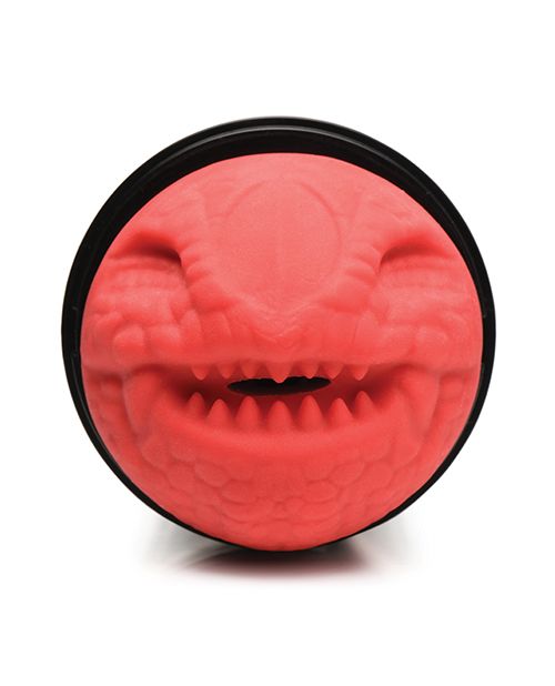 Close-up of the entrance and orifice of the Creature Cocks Dragon Snatch. It shows a dragon's snout with soft, short protruding teeth. The entrance to the stroker can be seen in-between the dragon's lips. It's a dark red material. | Kinkly Shop