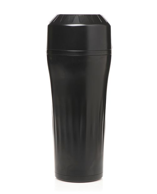 The Creature Cocks Dragon Snatch sits upright on a plain white background with the outermost plastic wrap removed. It's a plain black tube with textured sides for easier handling. It looks very discreet with no sex markings on it at all. | Kinkly Shop