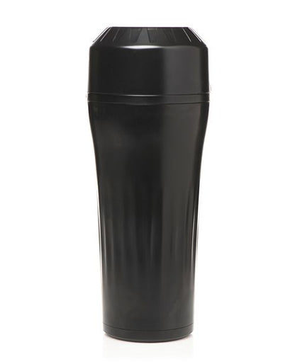 The Creature Cocks Dragon Snatch sits upright on a plain white background with the outermost plastic wrap removed. It's a plain black tube with textured sides for easier handling. It looks very discreet with no sex markings on it at all. | Kinkly Shop