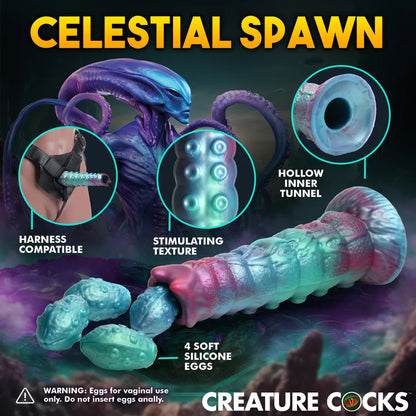 The Creature Cocks Galactic Breeder Ovipositor shown in a collage of images that showcase its functions. Text reads: Harness compatible, stimulating texture, hollow inner tunnel, 4 soft silicone eggs. Eggs for vaginal use only. Do not insert eggs anally. | Kinkly Shop