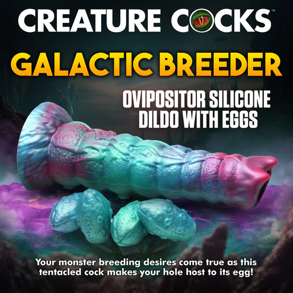 The Creature Cocks Galactic Breeder Ovipositor shown next to all of its eggs. Text on the image reads: Galactic breeder. Ovipositor silicone dildo with eggs. Your monster breeding desires come true as this tentacled cock makes your hold host to its egg. | Kinkly Shop