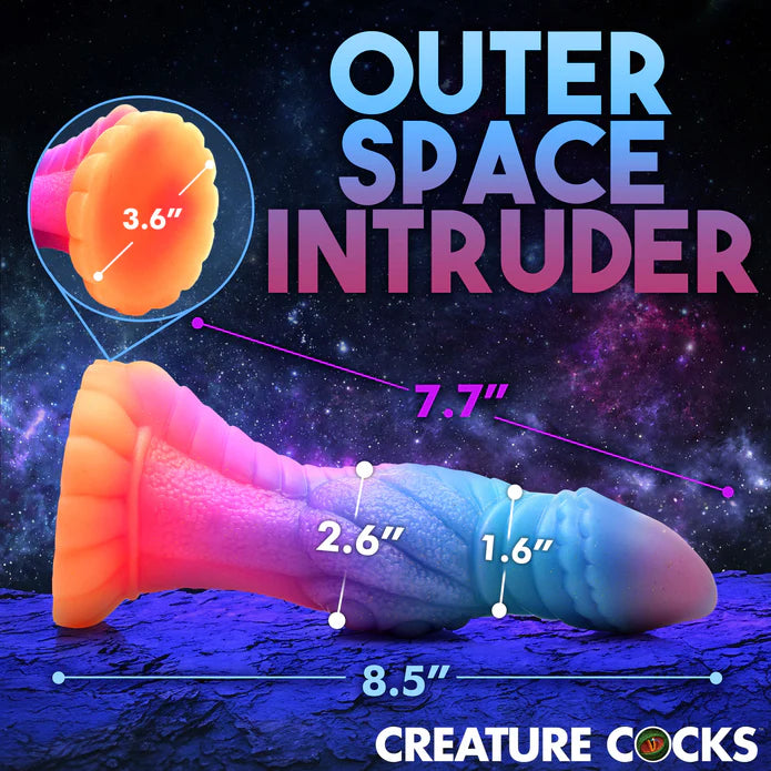 The Creature Cocks Galactic Cock with measurements superimposed on top of the length of the dildo. All measurements are included within the text of the product description. | Kinkly Shop