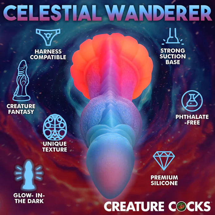 The Creature Cocks Galactic Cock shown next to a text and icon list of features of the toy. Text reads: Harness compatible, strong suction base, creature fantasy, phthalate-free, premium silicone, glow-in-the-dark, unique texture. | Kinkly Shop