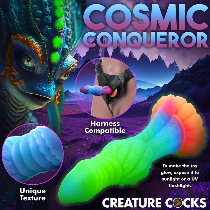 The Creature Cocks Galactic Cock shown in a collage of images that showcase its features. Text on the image reads: Unique texture, Harness compatible, to make the toy glow, expose it to sunlight or a UV light. | Kinkly Shop