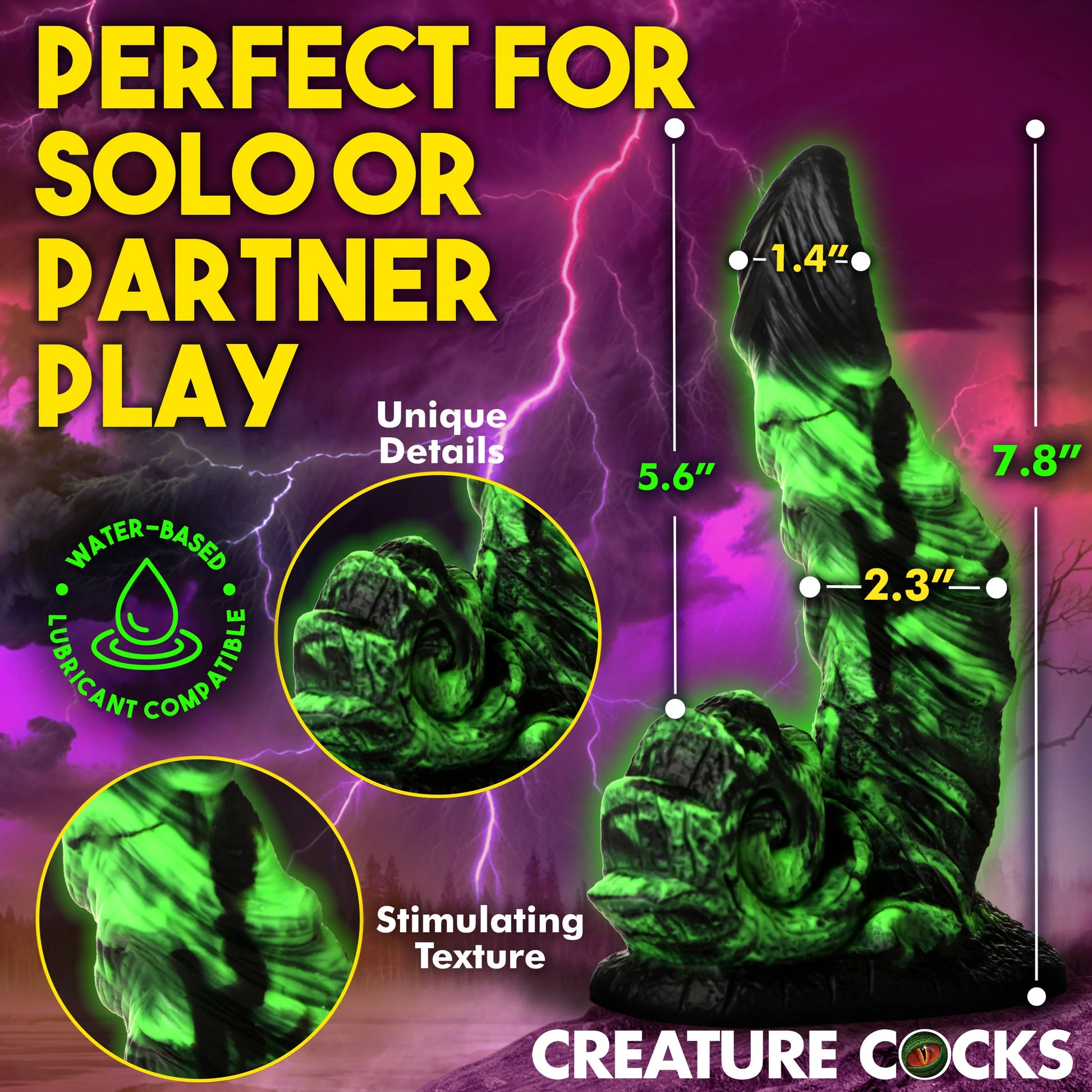 The Creature Cocks Glowzilla with measurements written overtop of it. All measurements can be found within the product text description. | Kinkly Shop