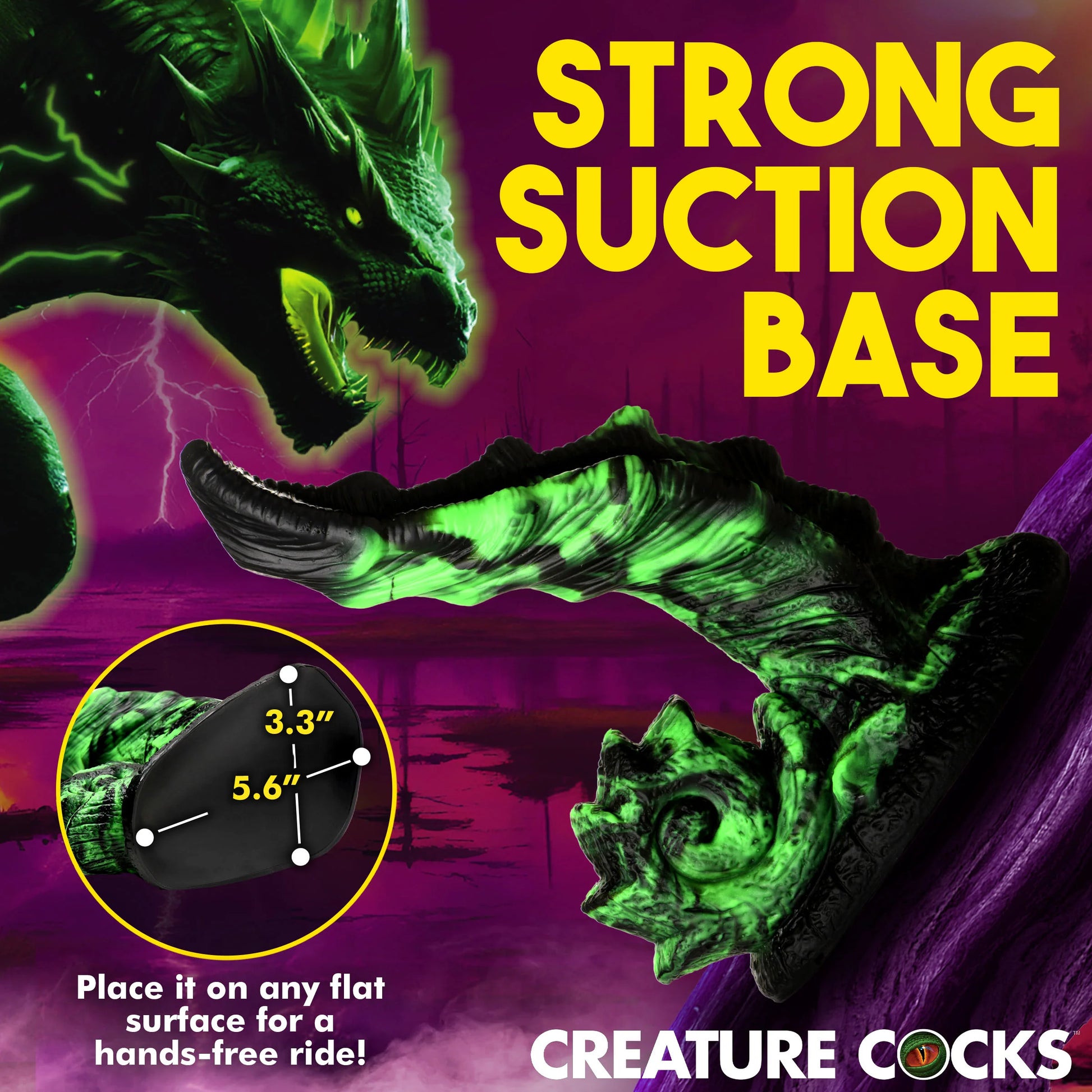 The Creature Cocks Glowzilla shown suctioned up against a flat surface. Text on the image reads: Strong suction base. Place it on any surface for a hands-free ride. | Kinkly Shop