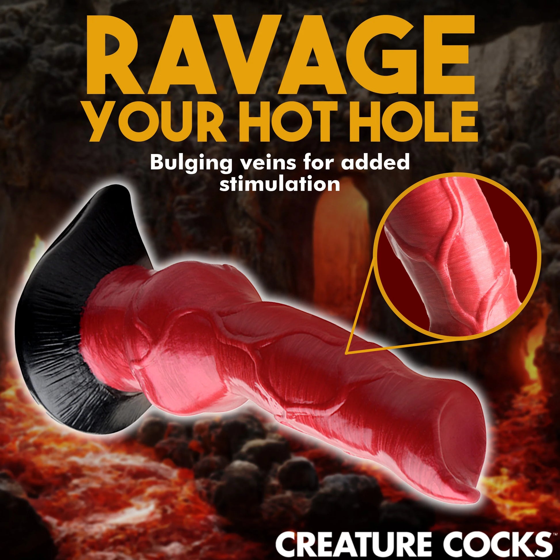 Close-up on the textured design of the Creature Cocks Hell-Hound. It has very pronounced veins. Text reads: Ravage your hot hole. Bulging veins for added stimulation. | Kinkly Shop
