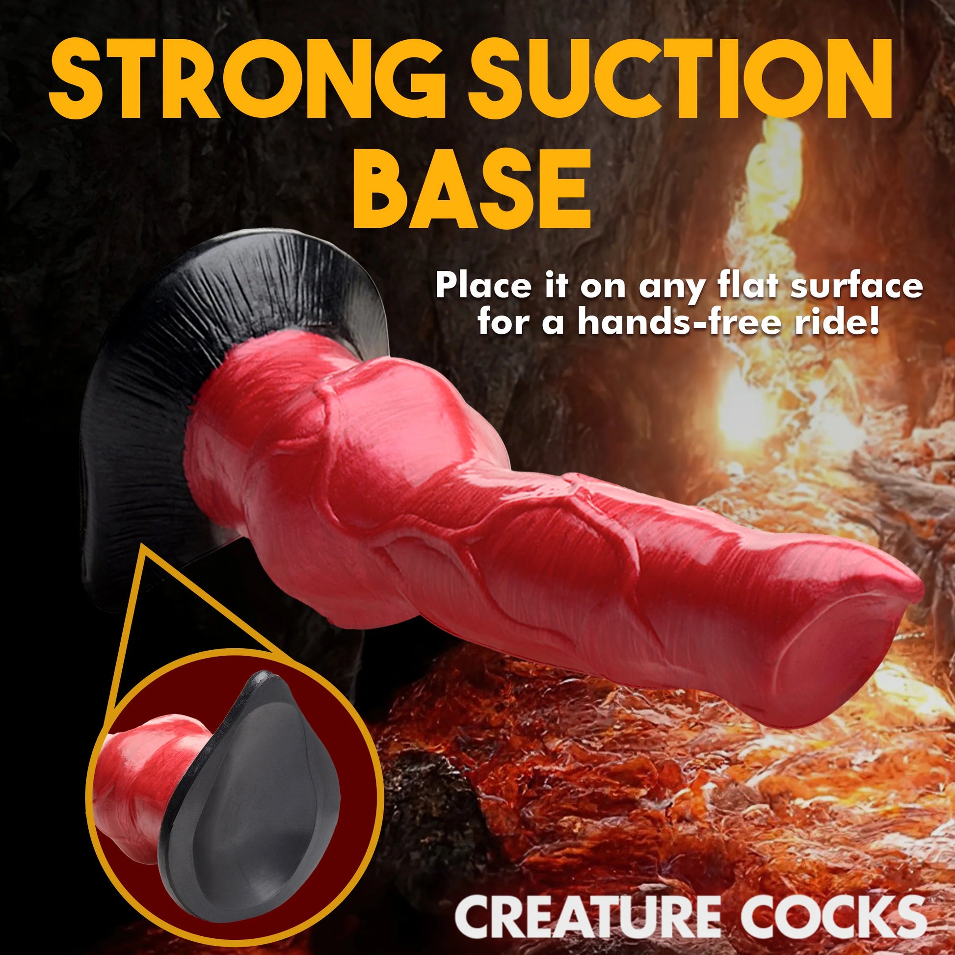 The Creature Cocks Hell-Hound shown suctioned up against a volcano wall. Text reads: Strong suction base. Place it on any flat surface for a hands-free ride | Kinkly Shop