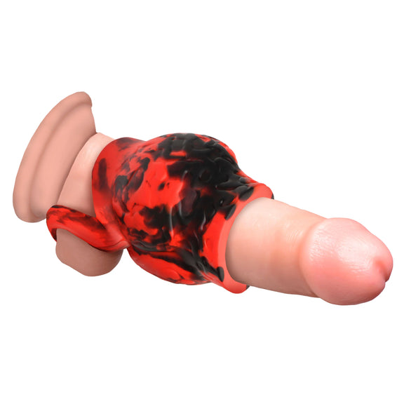 The Creature Cocks Hell Bound Sleeve shown wrapped around a realistic dildo. It adds a gigantic knot around the base of the shaft of the penis with a strap that anchors around the balls to keep the Creature Cocks Hell Bound Sleeve in place on the shaft. | Kinkly Shop