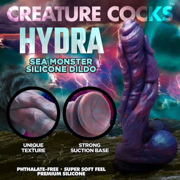 Collage of images showcasing the features of the Creature Cocks Hydra including its unique texture and strong suction base. It's also phthalate-free and super soft in premium silicone | Kinkly Shop