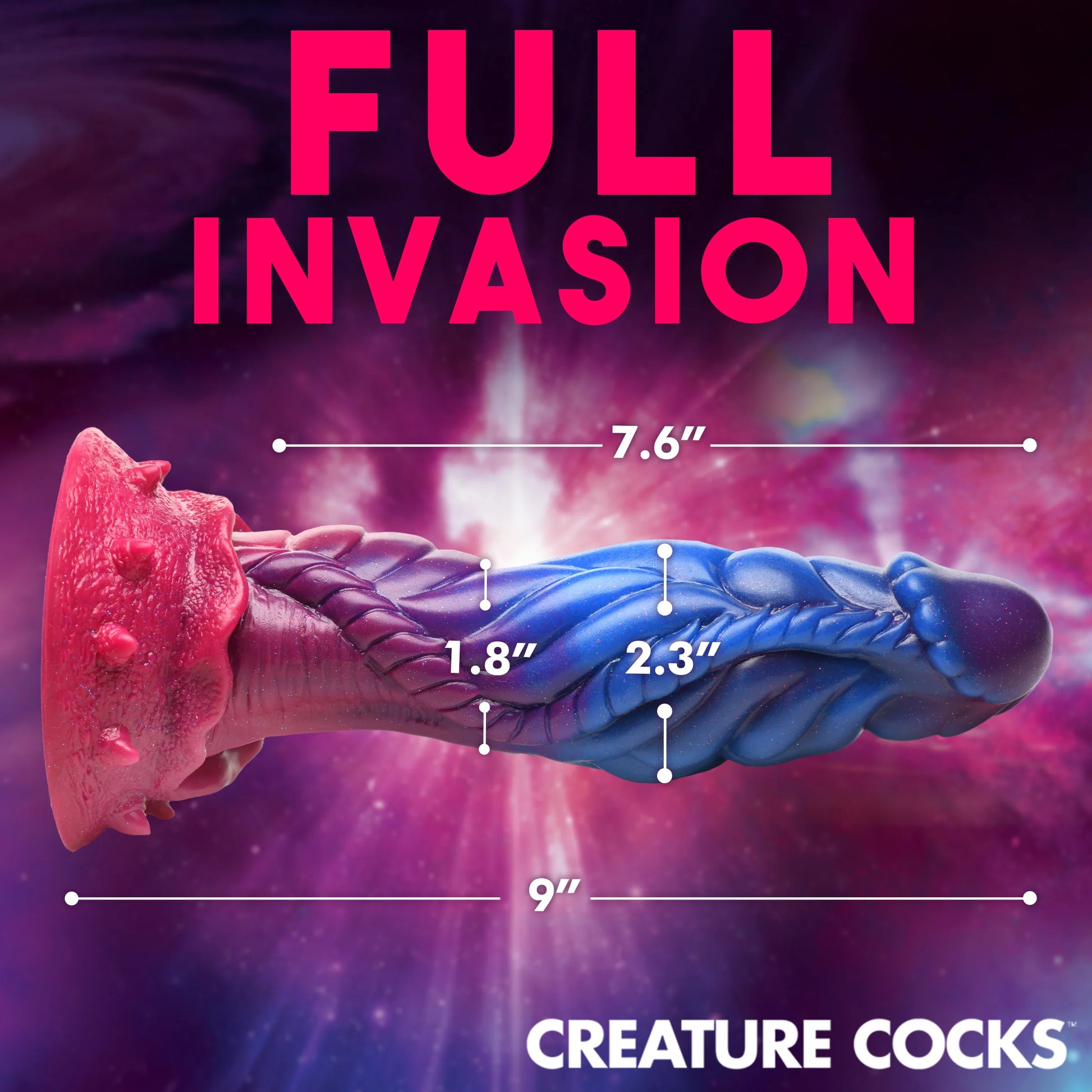 The Creature Cocks Intruder with measurements written overtop of the different aspects of the toy. | Kinkly Shop