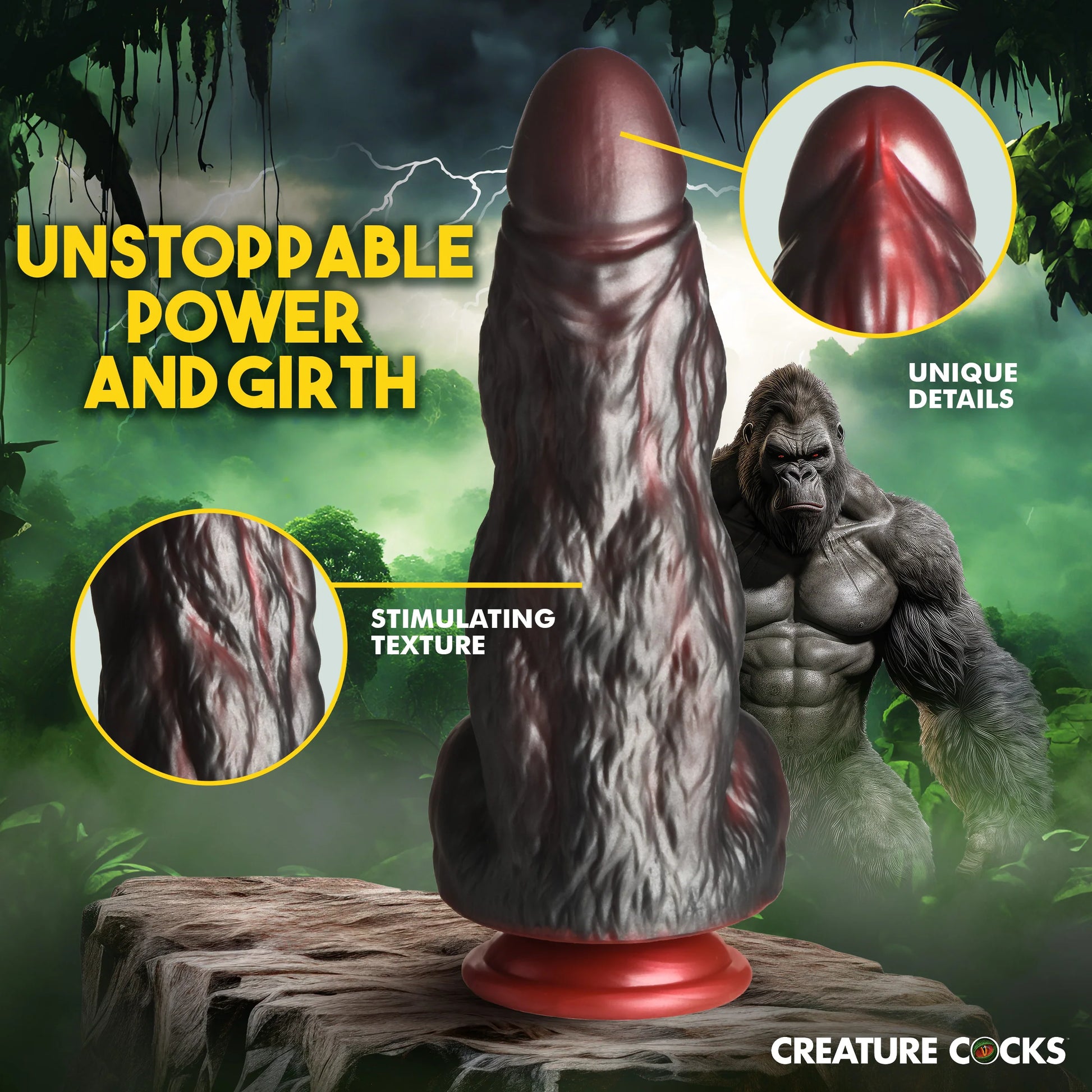 The Creature Cocks King Kong in front of an illustration of King Kong. Text on the image reads: "Stimulating texture, unique details, unstoppable power and girth" | Kinkly Shop