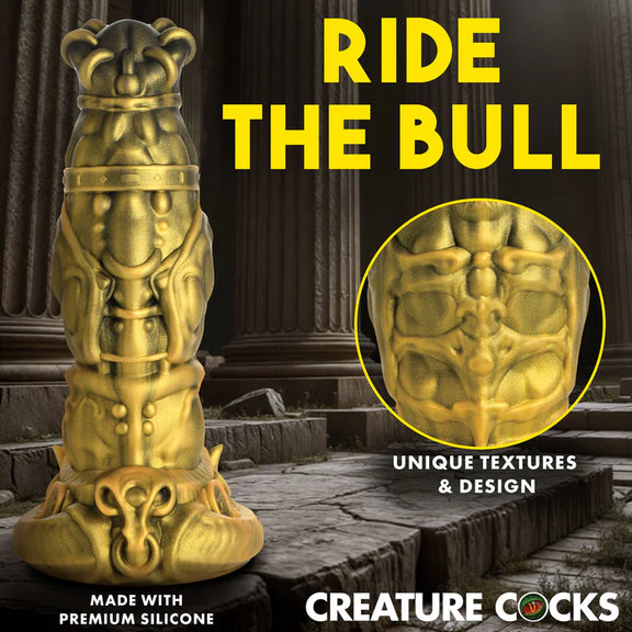 Collage of images that showcases the features of the Creature Cocks King Minotaur. Text on the image reads: Ride the bull. Unique textures and design. Made with premium silicone. | Kinkly Shop
