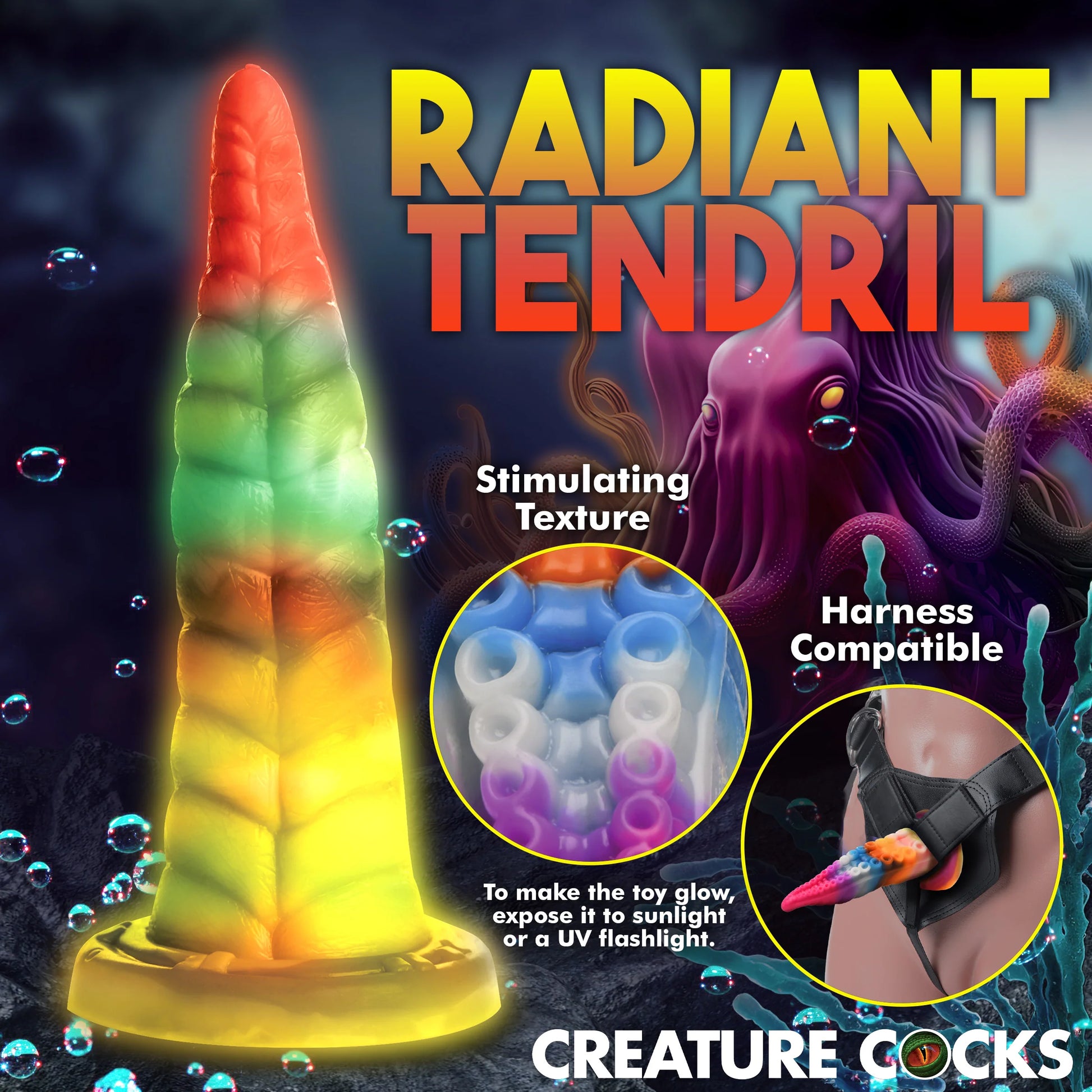 Collage of images showcases the features of the Creature Cocks Luminoctopus. Text includes "Stimulating texture, harness compatible, to make the toy glow, expose it to sunlight or a UV flashlight" | Kinkly Shop