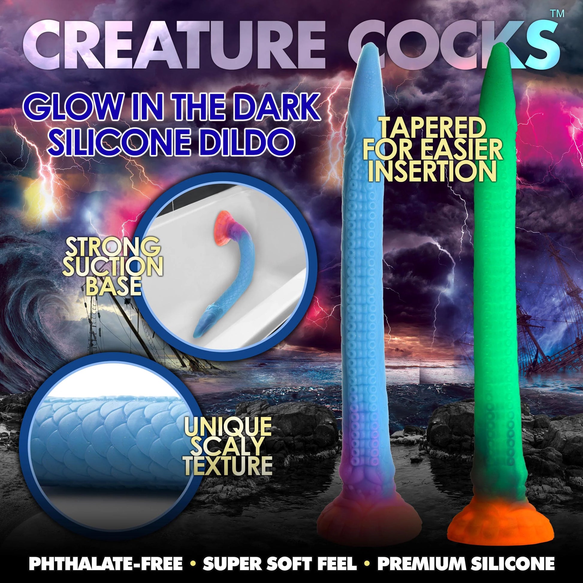 Collage of image and text showcasing the features of the dildo. Text on the image reads: "Glow in the dark silicone dildo. Strong suction base. Unique scaly texture. Tapered for easier insertion" | Kinkly Shop