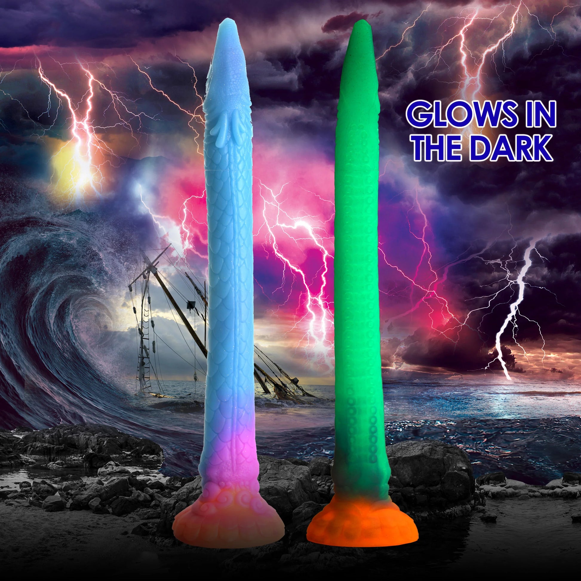 The Creature Cocks Makara glows in the dark. Two of the dildos are shown side by side. One in daylight colors and one in glow in the dark colors. | Kinkly Shop