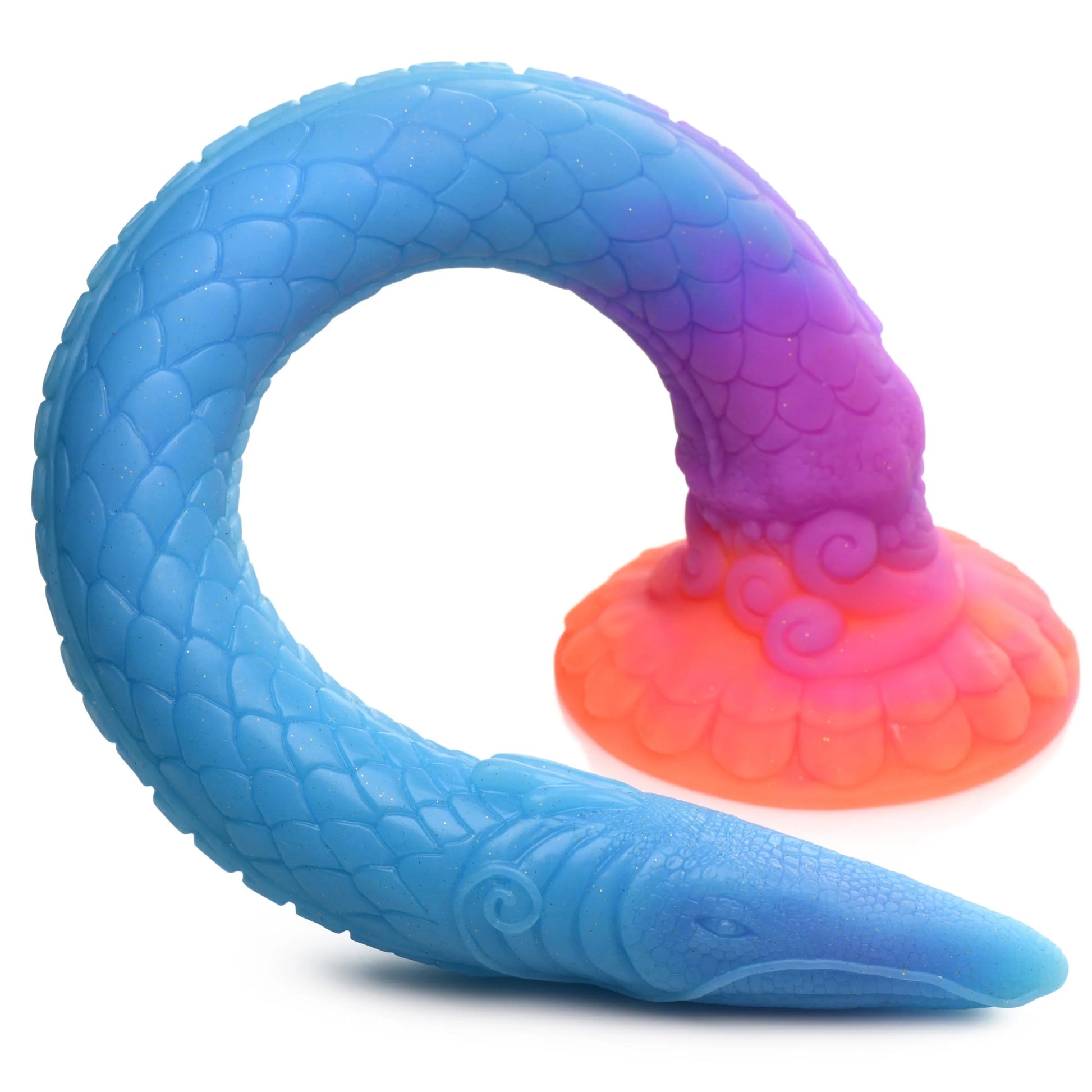 A close-up on the Creature Cocks Makara, showcasing the "face" detailing as well as the scaled design along the rest of the shaft. | Kinkly Shop