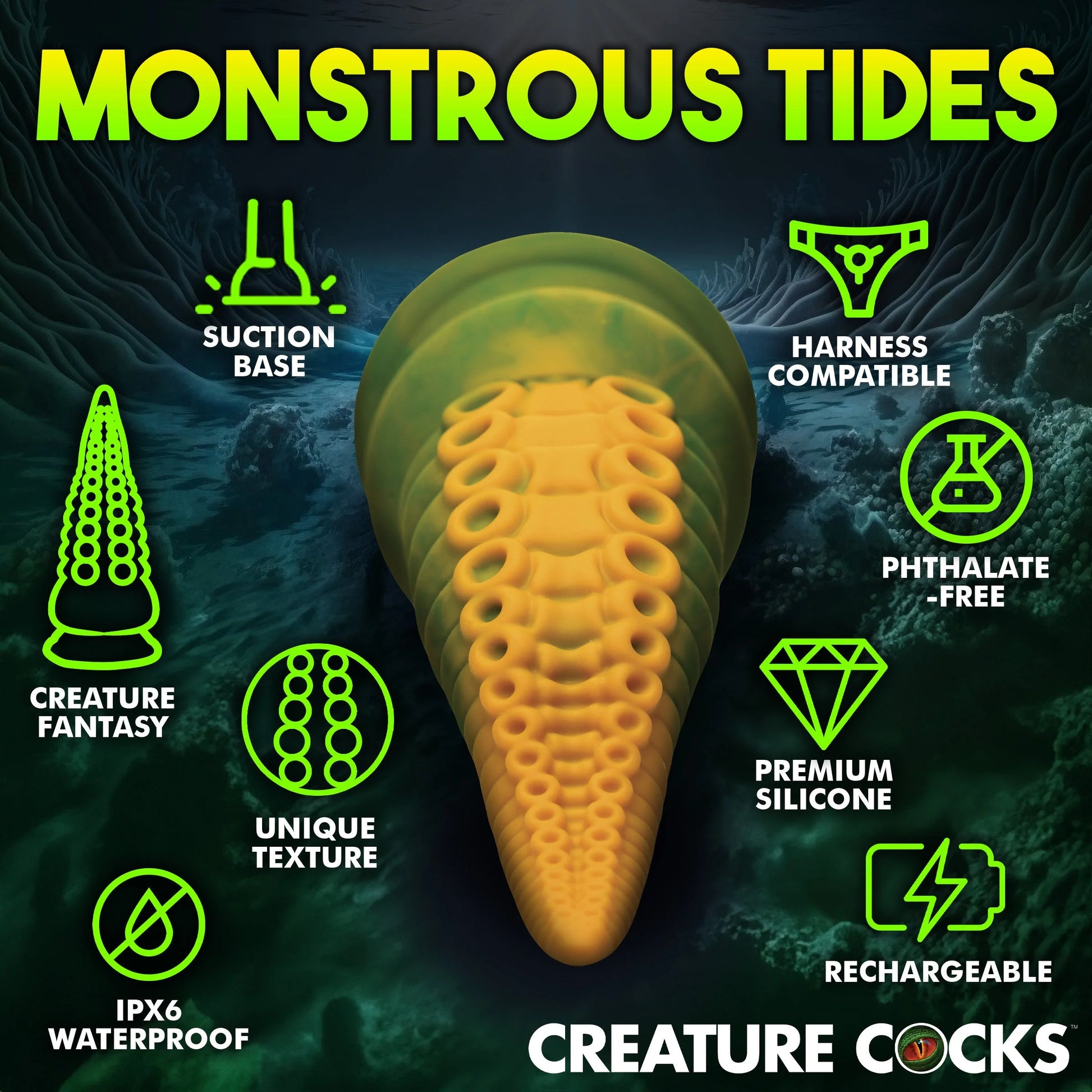 The Creature Cocks Monstropus 2.0 Vibrating shown next to icons and text that describe its features. Text includes "suction base, creature fantasy, unique texture, IPX6 waterproof, harness compatible, phthalate-free, premium silicone, and rechargeable" | Kinkly Shop